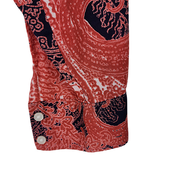 Tommy Hilfiger S Paisley Button Up Shirt Women Orange Blue Roll Tab Sleeves BOHO - Picture 11 of 14